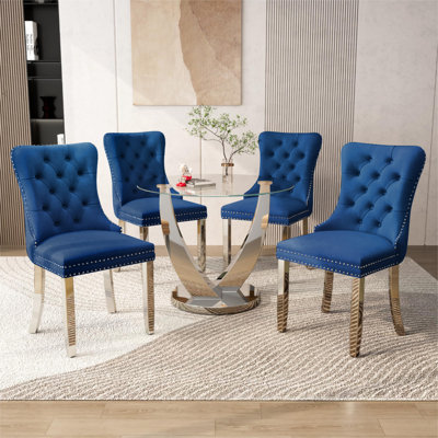 38.9" Round Glass Dining Table Set for 4, 5-Pieces Modern Round Dining Table Set, Clear Glass Dining Table Set with 4 Velvet Upholstered Chairs, for Dining Room, Kitchen, Apartment, for Dining Room, Kitchen, Apartment