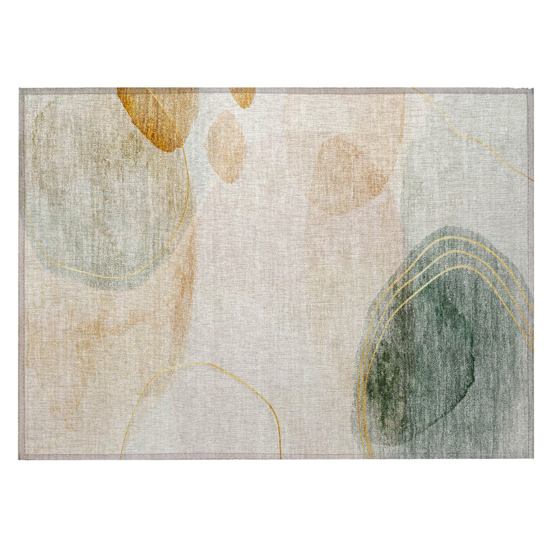 2' X 3' Beige and Green Abstract Washable Non Skid Indoor Outdoor Area Rug