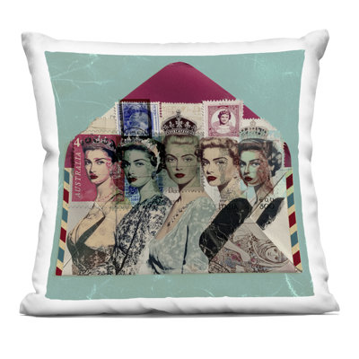 Vintage Queens Postal Collection Decorative Printed Throw Pillow design by Annabelle Hall