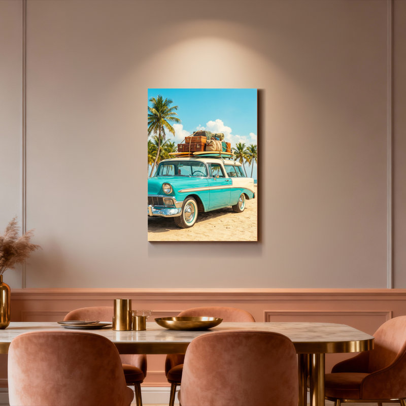 Ensemble de 1 tableau sur toile représentant une voiture vintage sur une plage avec des palmiers., H 48 po x l 32 po