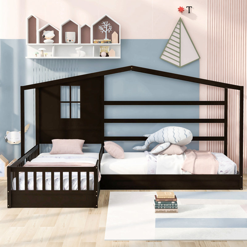 Wood House Bed Twin Size, 2 Twin Solid Bed L Structure With Fence And Slatted Frame, Espresso