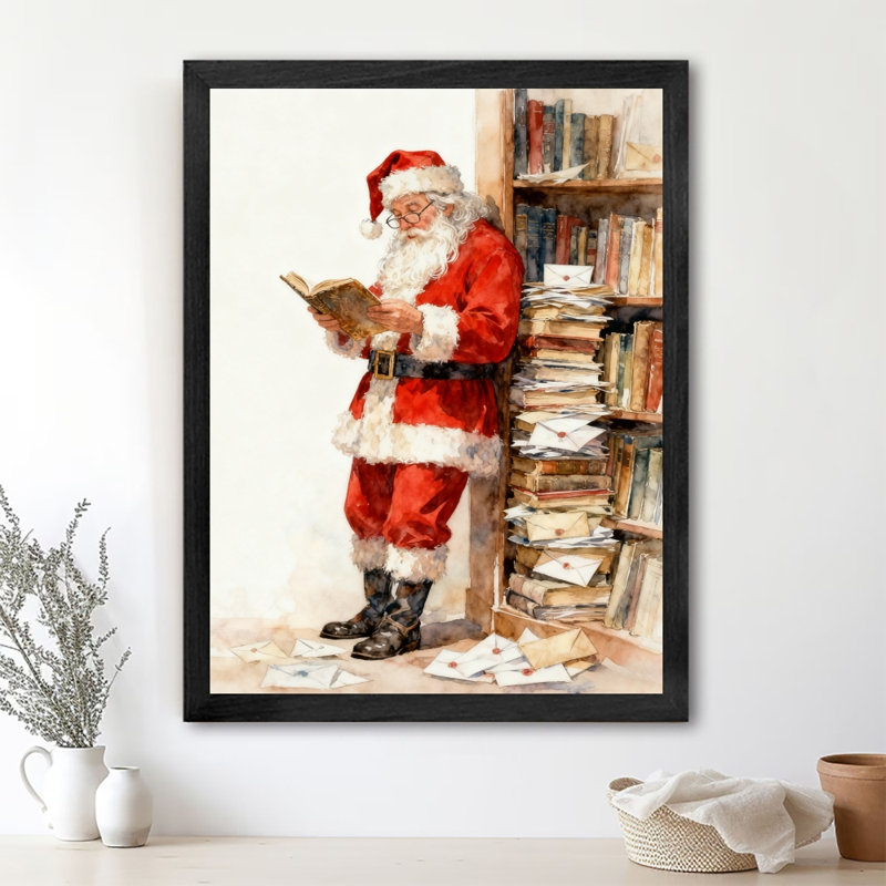 Père Noël noir encadré noir avec poignées de lettres des Fêtes, art mural, réalisme aquarelle, impressions encadrées