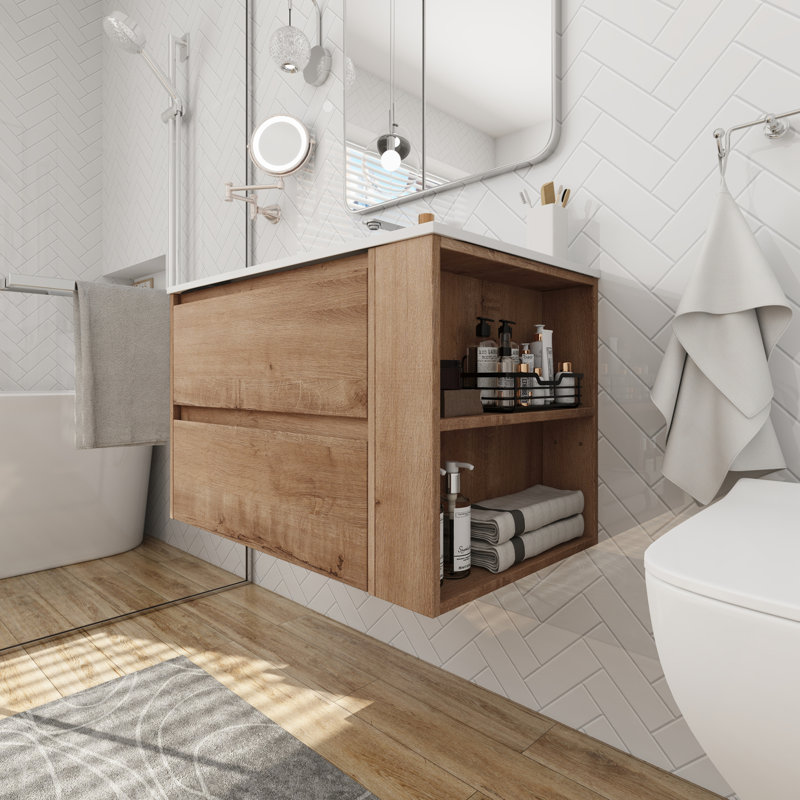 Meuble-lavabo mural 30 po avec lavabo en gel, Chêne brun