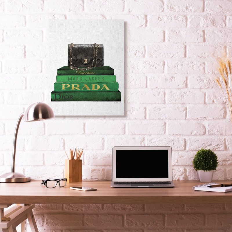 «Fashion Designer Purse Bookstack Green Black», impression, H 40 po x l 30 po, Toile tendue