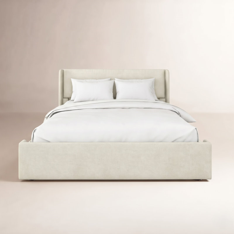 Solid Wood Upholstered Panel Bed with Rectangular Headboard, Queen, Cream