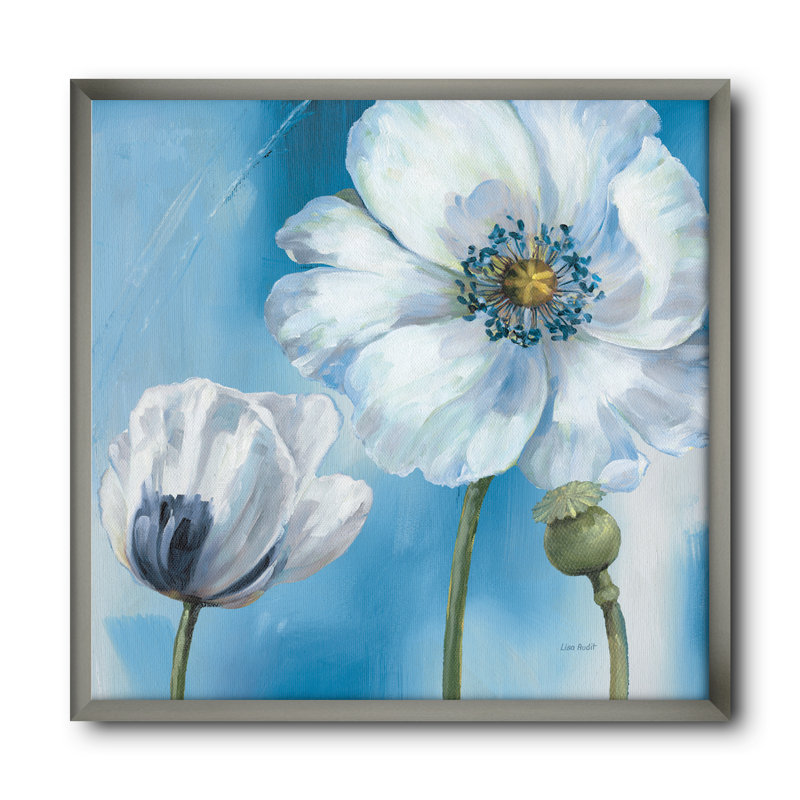« handpainted white fleur on blue i », reproduction d’art sur toile, H 30 po x l 30 po x P 1 po, Cadre argenté