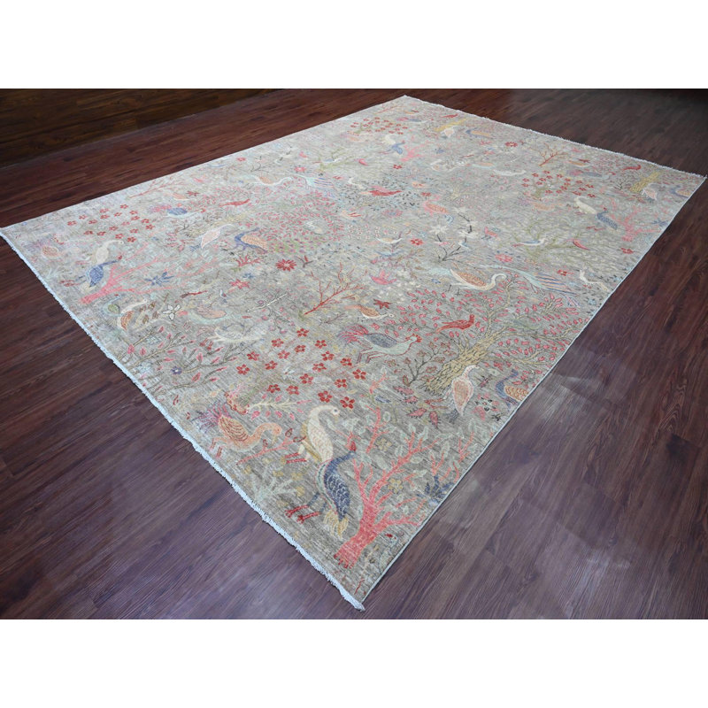 Tapis oriental rectangulaire gris en laine noué à la main 9 pi 11 po x 13 pi 8 po - MOA10220559