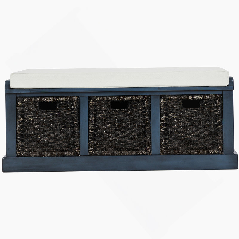 Storage Bench With Removable Classic Rattan Basket, Entryway Bench With Removable Cushion, Antique Navy