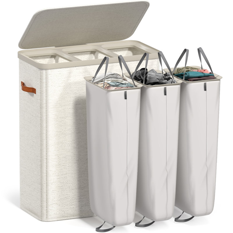 Sorbus Fabric Laundry Hamper - Collapsible 3-Compartment Laundry Basket with Removable Laundry Bag - Beige, Beige