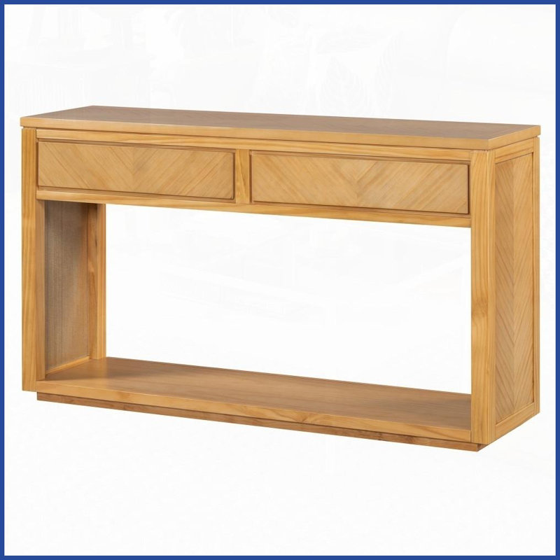 Table basse 55 po à chevrons rustiques avec 2 tiroirs et tablette ouverte, aspect bois naturel pour le salon, organisée et durable