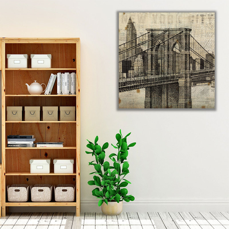 «Vintage NY Brooklyn Bridge Skyline II», reproduction d'art sur toile, H 12 po x l 12 po
