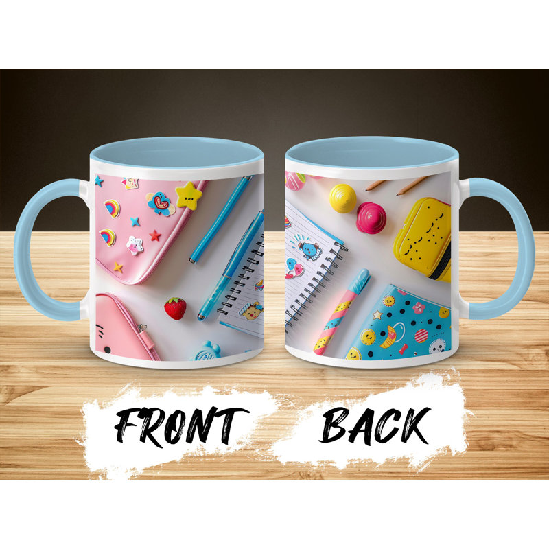 Set of 2 Kids Drawing Style 11oz Accent Mugs – Ceramic Coffee Cups with a Light Blue Handle and Interior