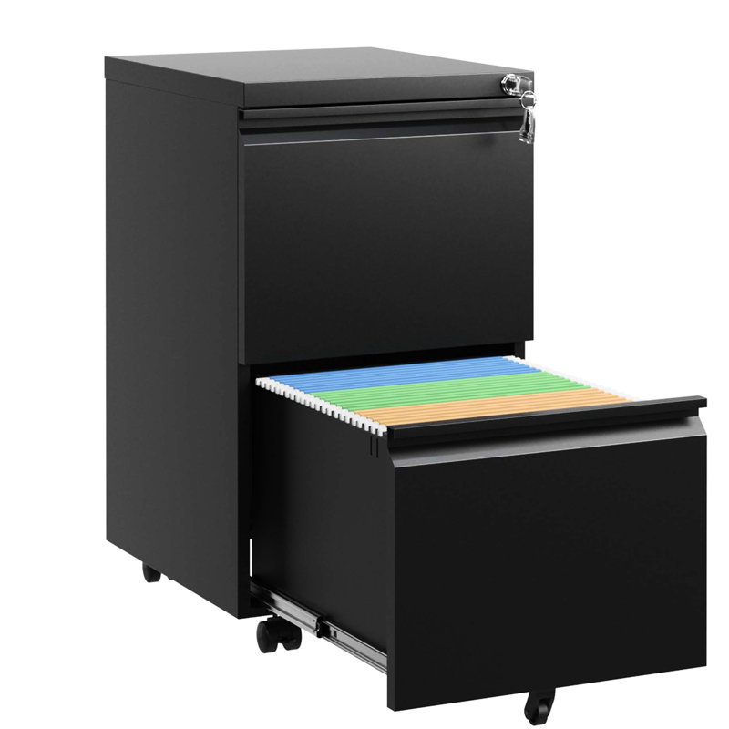 2 Drawer Metal Mobile File Cabinet With Lock - Stores Legal/letter/a4 Docs, Fully Assembled Black Office Equipment Locking Drawers Files, Accessory