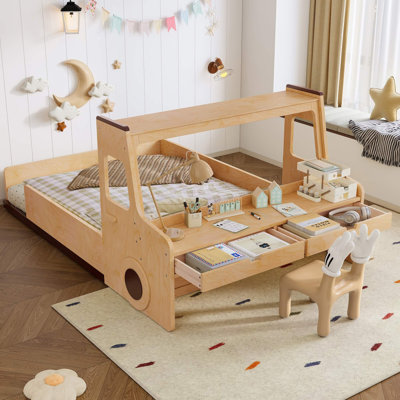 Lit double pleine grandeur en forme de voiture avec tiroirs de rangement et bureau pour enfants