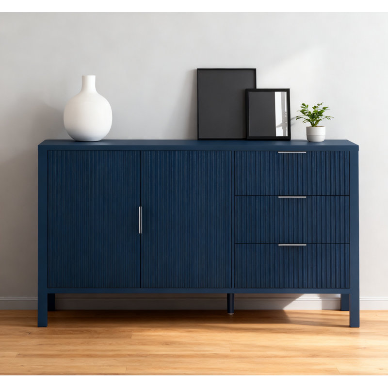 Modern Wave-pattern Sideboard With 3 Drawers, Large Storage Buffet Cabinet With Hooks And Extra Center Leg,suitable For Living Room,entryway,hallway,navy Blue