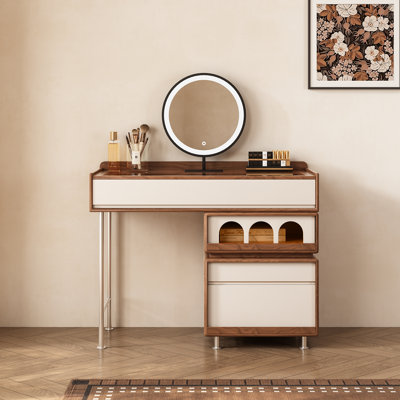 Coiffeuse de style milieu du siècle avec plateau en verre, armoire latérale à 3 tiroirs ajustables, finition noyer et crème, 100 cm
