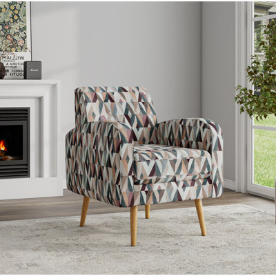 Fauteuil d'appoint à motif prisme rouge et brun clair avec pieds en bois massif naturel