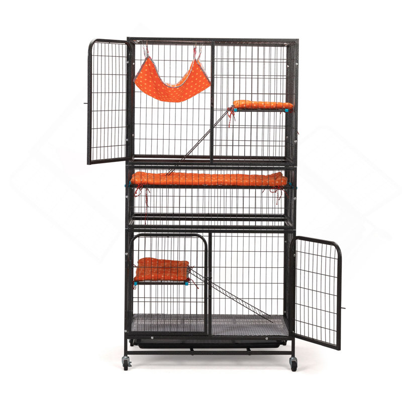 Cage pour animal de compagnie de 4 étages, cage à lapin avec échelle, roues verrouillables et plateau amovible, noir et orange