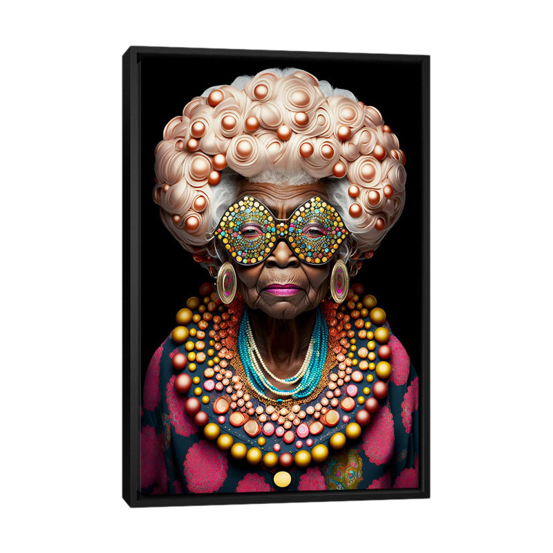 Afrofuturist Grandma I, H 60 po x l 40 po x P 1,5 po, Toile avec cadre flottant noir