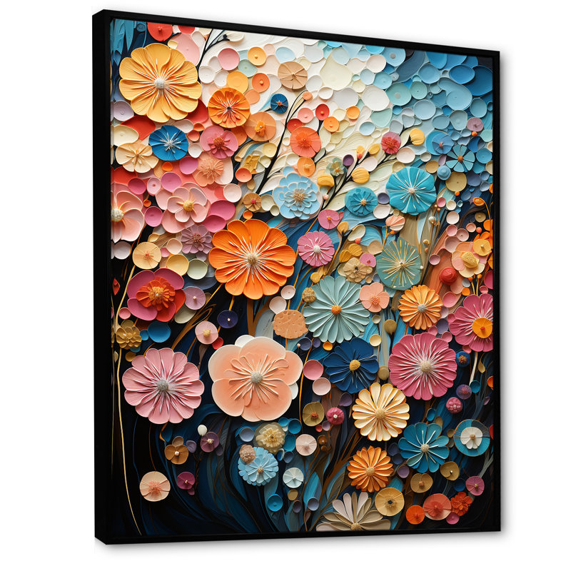 Fleurs du Japon kimono kaléidoscope sur toile, H 20 po x l 12 po x P 1 po, Cadre flottant noir