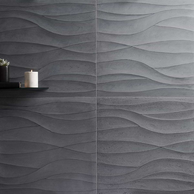 Thalia 18X18 3D Carved Wave Honed Limestone Tile, Charcoal