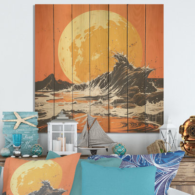 Tangerine Skies Ocean Waves I - Coastal Sunset On Wood Print