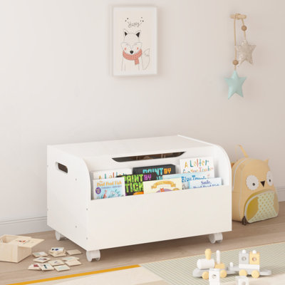 Wooden Toy Box With 4 Universal Wheels,  Toy Storage Organizer With Front Bookshelf, Flip-Top Lid, Safety Hinge, Boys Girls Toy Chest Bench For Playroom  Room Organization (White)