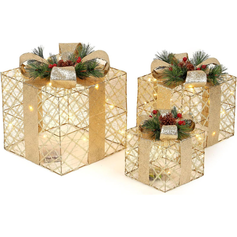 Set Of 3 Light-Up Christmas Gift Boxes With 50 Warm White LED Lights Battery-Powered Xmas Decor Champagne Gold With Gold Ribbon