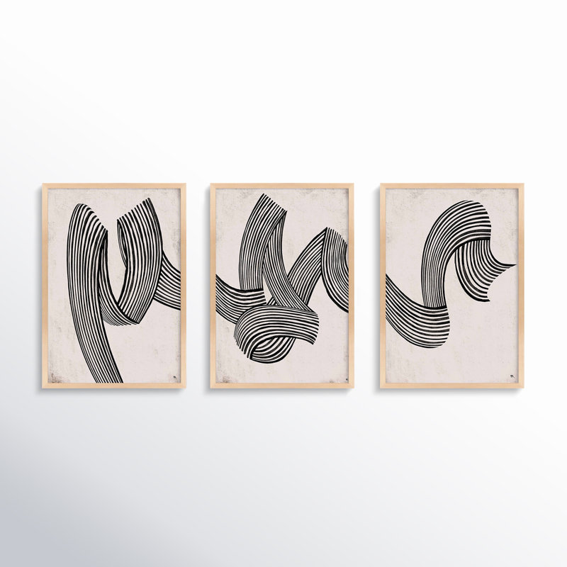 Menton Linework by Studio M - 3 Piece Picture Frame Print Set, 25" H x 35" W, Maple
