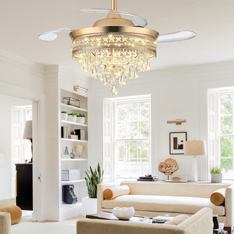 36Inch Dimmable Fandelier Crystal Ceiling Fans With Lights And Remote 6 Speed 3 Light Retractable Chandelier Ceiling Fan Modern Ceiling Fan For Bedroom Living Room Dining Room