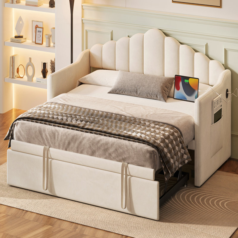 Lit de jour rembourré simple avec couchette escamotable réglable en hauteur, port de charge USB et Type-C et 2 poches latérales, aucun sommier nécessaire, beige