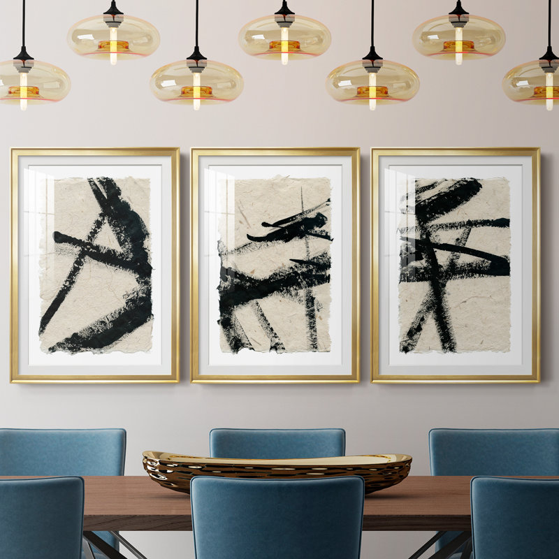 «Lines Crossed I», ensemble de 3 cadres photo, H 30,5 po x l 127,5 po x P 1,5 po, Encadrement doré