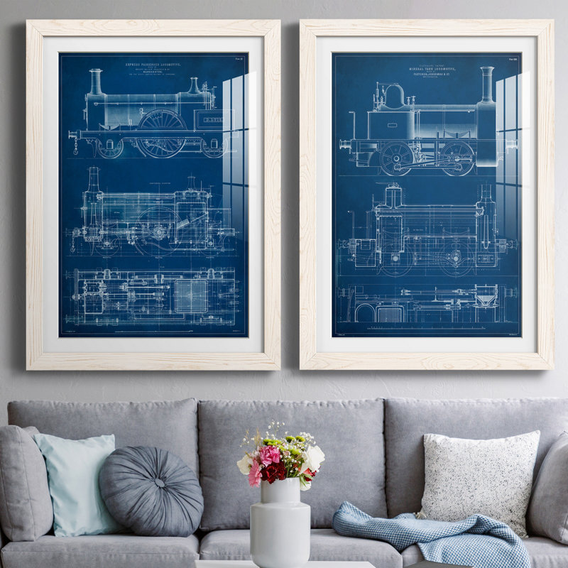 «Locomotive Blueprint I», ensemble de 2 reproductions d'art encadrées, Papier encadré blanc, H 31,5 po x l 47 po x P 1,5 po