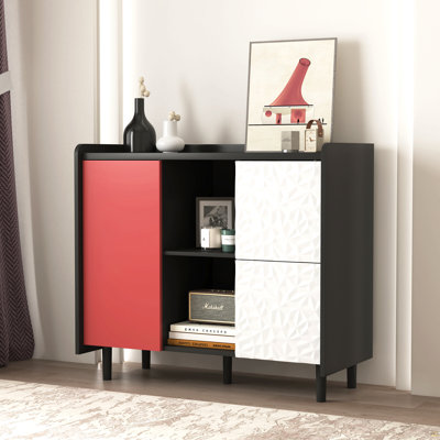 Buffet, armoire de rangement avec portes rouges et 2 tiroirs