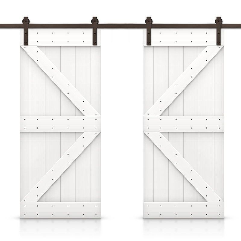Porte de grange double à panneaux en bois teinté K Series avec ensemble de quincaillerie coulissante, 72 po x 84 po