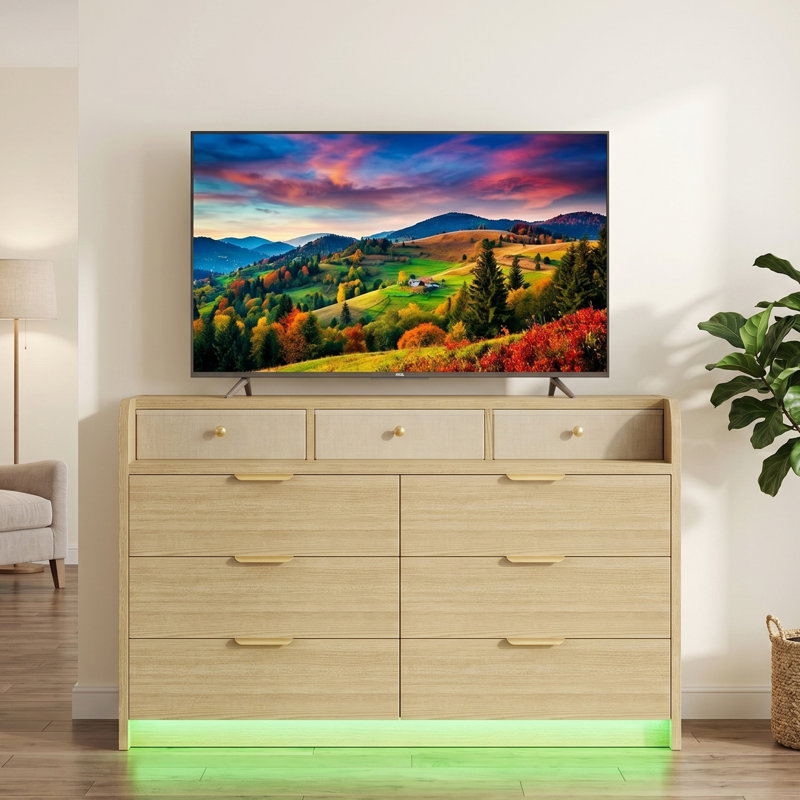6-Drawer Dresser with RGB LED Lights & Charging Station, White Linen Texture Chest of Drawers, Natural Wood