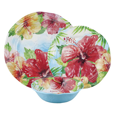 Hibiscus 18 Piece Melamine Dinnerware Set Plate and Bowl Set - Service for 6