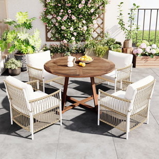 Modern 5-Piece Patio Extendable Wooden Dining Table Set, 12Inch Butterfly Leaf Foldable Round Kitchen Table Set With 4 Rattan Arm Chairs For Backyard,Balcony, Garden, Poolside, Natural