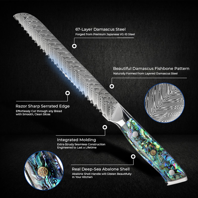 8" Damascus Steel Bread Knife with Real Abalone Shell Handle - Japanese VG10 67-Layer Damascus Steel - 8" Serrated Blade, Luxury Gift Box - Senken Knives