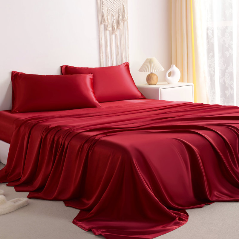 Lustrous Satin Bed Sheet Set Luxury Soft Durable, Twin XL Sheet Set with 1 Pillowcase, Wine Red