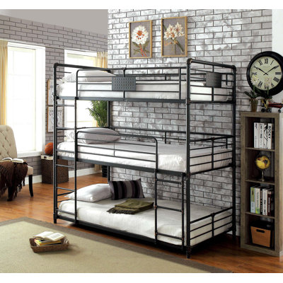 Bunk Bed Industrial Style Metal Structure Attached Dual Ladder Upper Guard Rails Pipe Framework