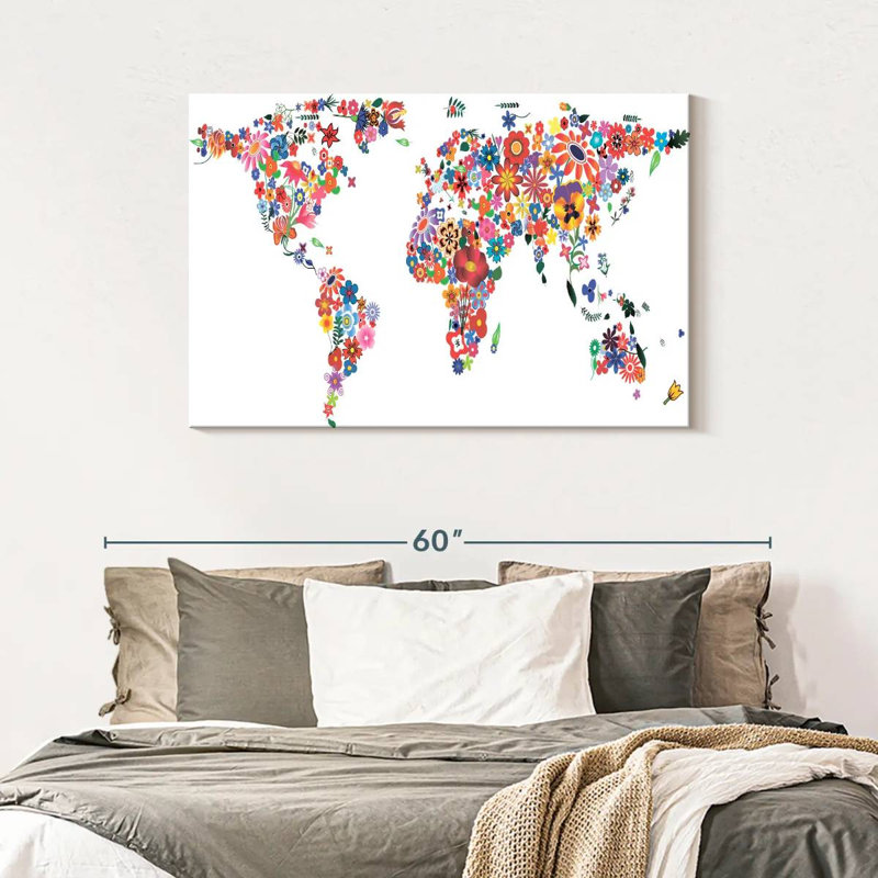 Harnek Flowers World Map, 30" H x 45" W