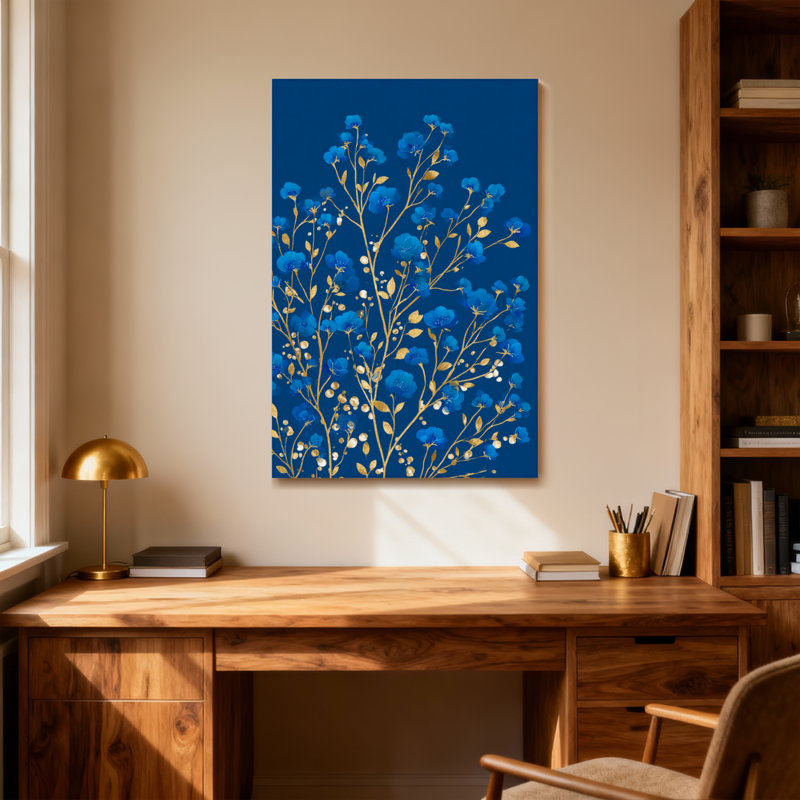Plantes et fleurs Fleurs bleues avec feuilles dorées sur fond foncé, H 24 po x l 36 po
