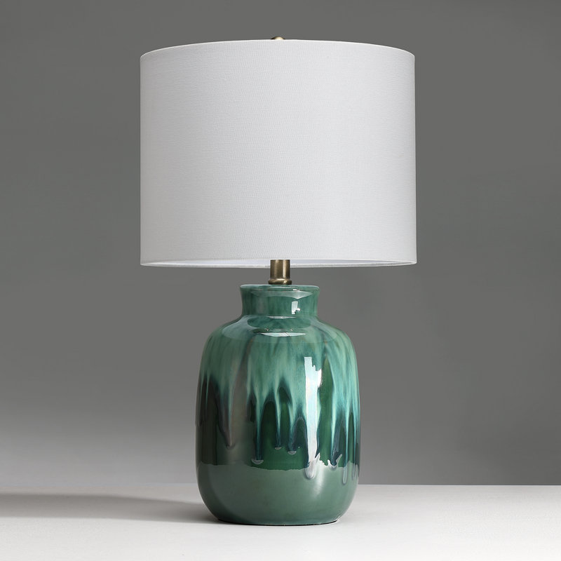 Green Ceramic Table Lamp With White Drum Shade