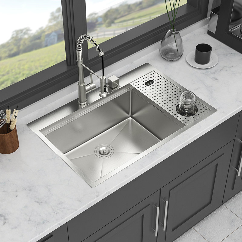 Évier de cuisine à montage sur plan 33 po avec laveuse à tasses - Évier de cuisine à cuve simple en acier inoxydable de calibre 16 de 33 po x 22 po
