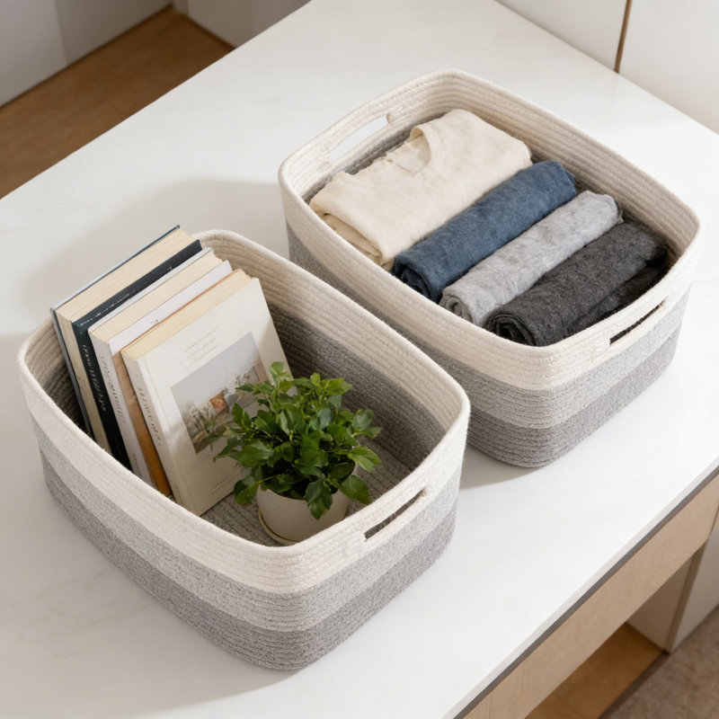 Large Woven Storage Basket Set Of 2, Natural Cotton Rope Organizer Bin For Shelves, Closet, Nursery, Living Room For Clothes, Toys, Blankets, And Home Organization