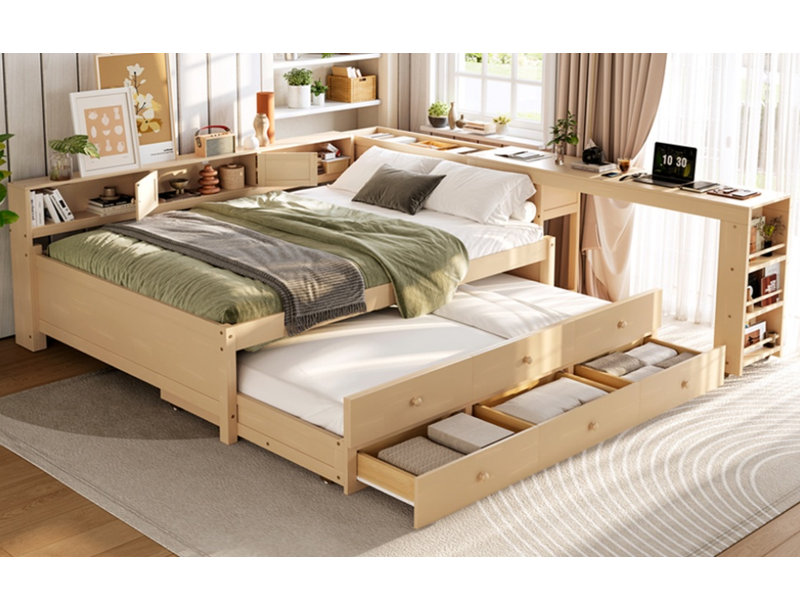 Full Size Daybed With Trundle,Wood Daybed Frame with Storage Drawers,Side Shelves and Desk,Golden, Natural, Full/Double