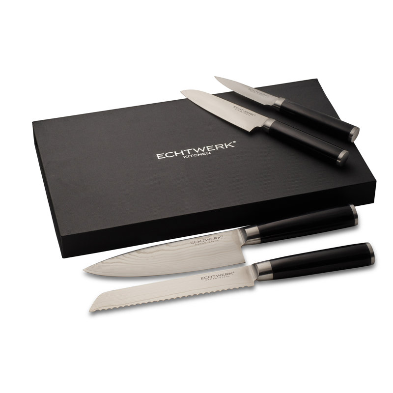 Echtwerk Damaszener Messer Set, 4-TLG, Kochmesser,Küchenmesser, Brotmesser, Schälmesser, Damaststahl Pakka-Holz, Schwarz