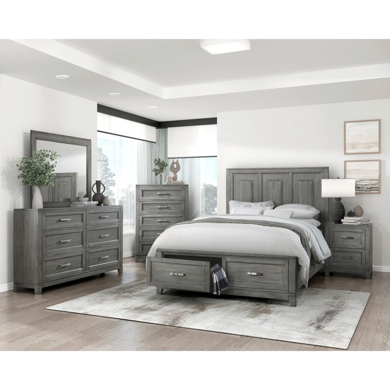 Grand lit plateforme rustique gris avec rangement, taille idéale pour les meubles de chambre à coucher et rangement charmant