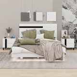 Modern High Gloss 3-Piece Bedroom Set Floating Bed Frame Platform Bed With LED Light & 2 Nightstands
